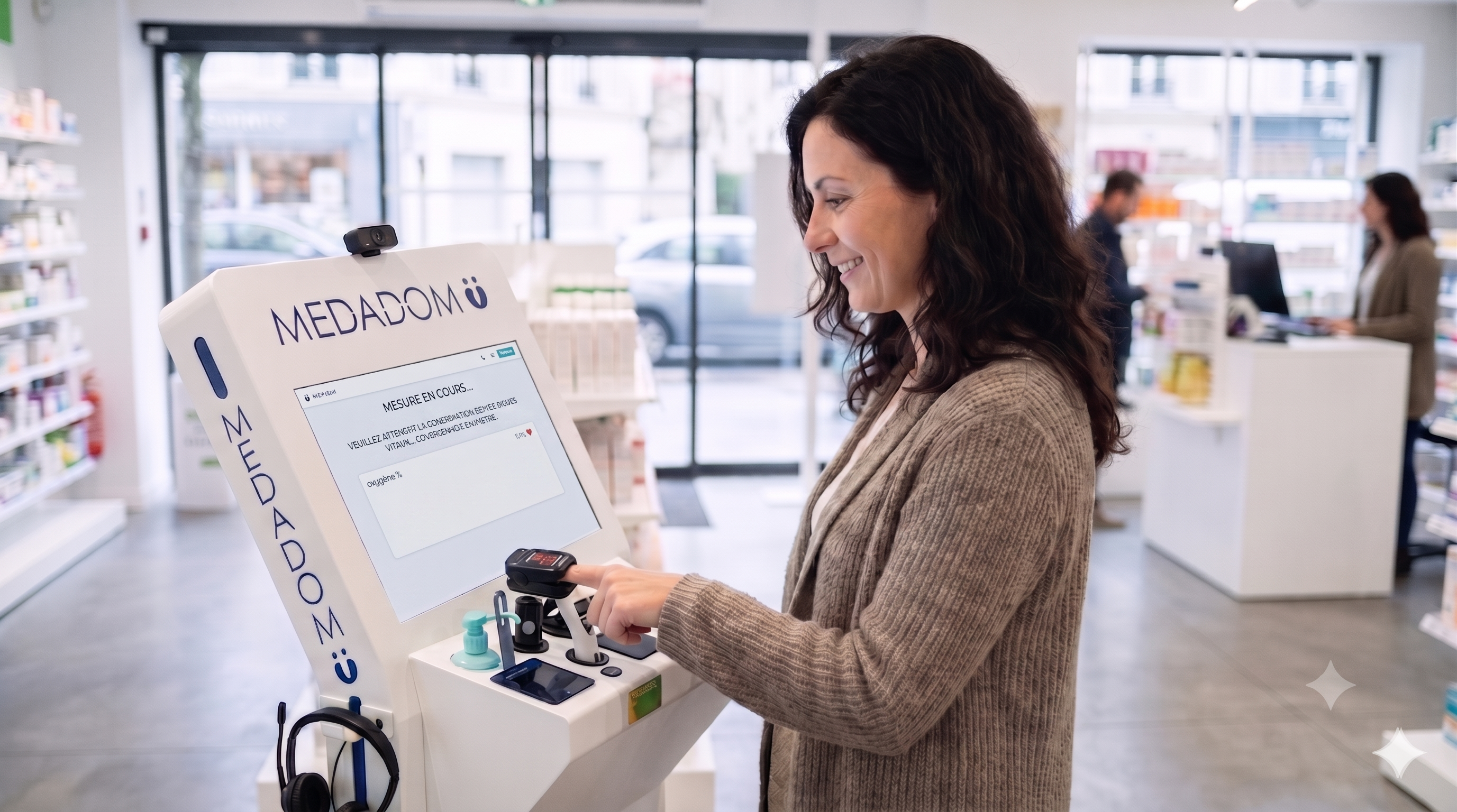 Femme utilisant la borne MEDADOM pour son check-up santé en pharmacie