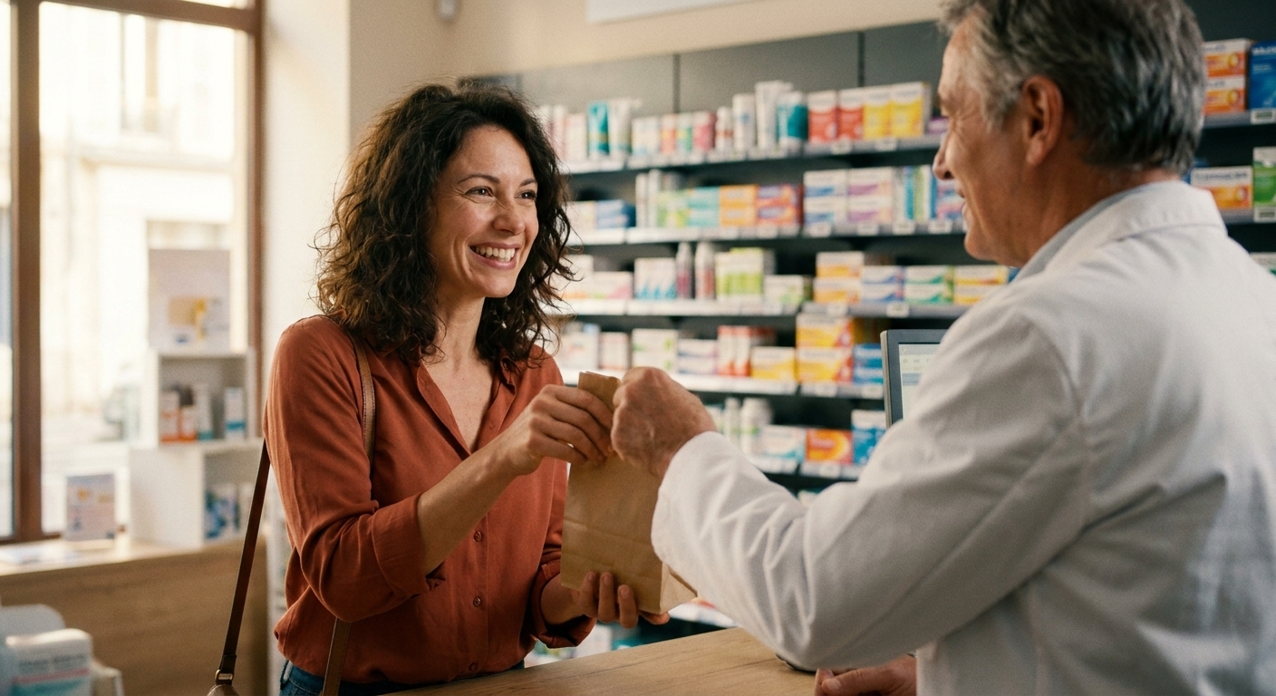 Patiente souriante en pharmacie partenaire MEDADOM